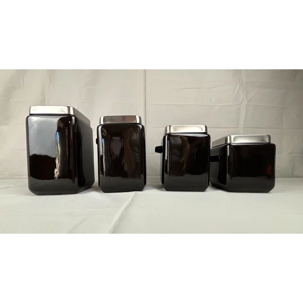 Oggi 4 pc Black Square Ceramic Canister Set w/ Stainless Steel Lids